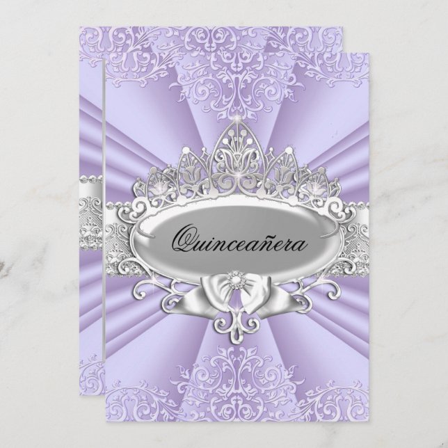 Invitation Pourpre Tiara & Damask Quinceanera Petite taille (Devant / Derrière)