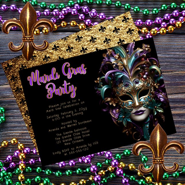 Invitation Pourpre | Turquoise Masquerade Masque Mardi Gras P (Purple and Teal Masquerade Mask Mardi Gras Party Invitation)
