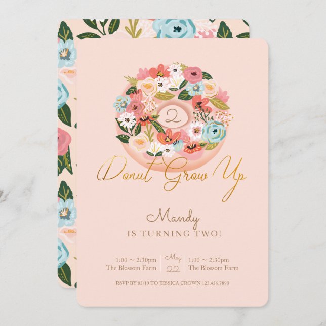 Invitation Poussée Florale florissante Donut Anniversaire (Devant / Derrière)