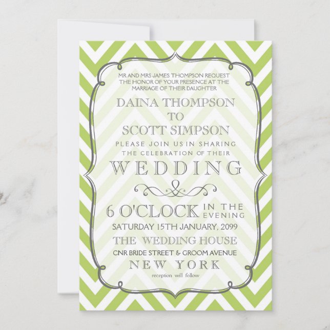Invitation Pousses Tendre Vert Citron Chevron Rayures Mariage (Devant)