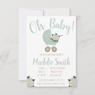 Invitation Poussette bébé avec Baby shower bouquet floral Inv