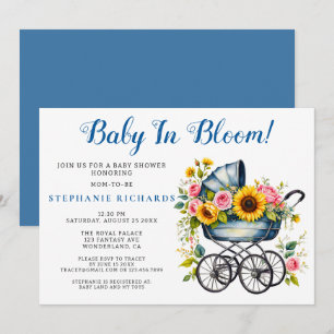 Invitation Poussette Bébé Floral Bleu En Baby shower Fleur