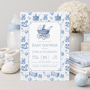Invitation Poussette Bébé Garçon Baby Shower Jouets Vintage B