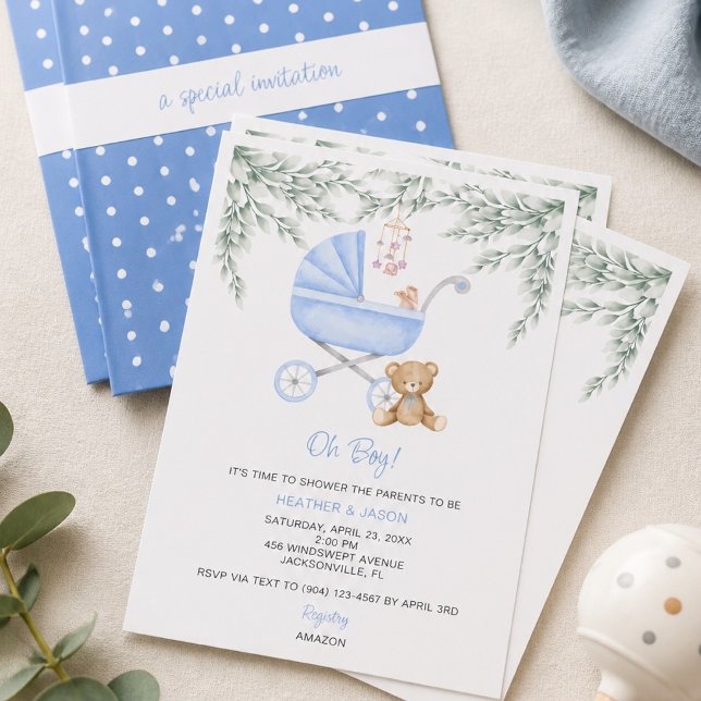 Invitation Poussette bébé Oh Boy et mobile sous la douche (Créateur téléchargé)