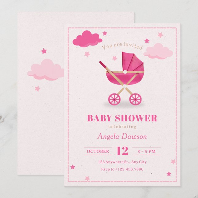 Invitation Poussette bébé rose pastel pour baby shower  (Devant / Derrière)