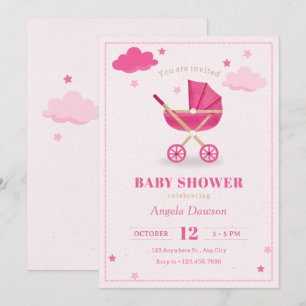 Invitation Poussette bébé rose pastel pour baby shower 