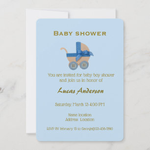 Invitation Poussette Boy Blue, typographie dorée sur fond ble