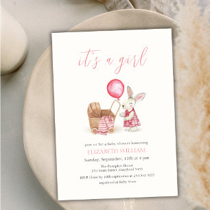 Invitation Poussette Bunny Balloon Baby shower fille