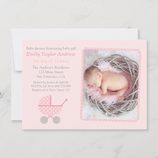Invitation Poussette Chevron Rose Photo Fête de Naissance Béb (Devant)