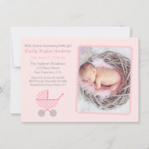 Invitation Poussette Chevron Rose Photo Fête de Naissance Béb