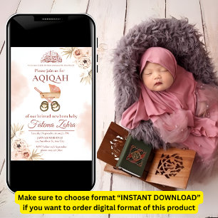 Invitation Poussette Fleur Rose Bébé Fille Musulmane Aqiqah