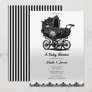 Invitation Poussette gothique vintage noire pour bébé