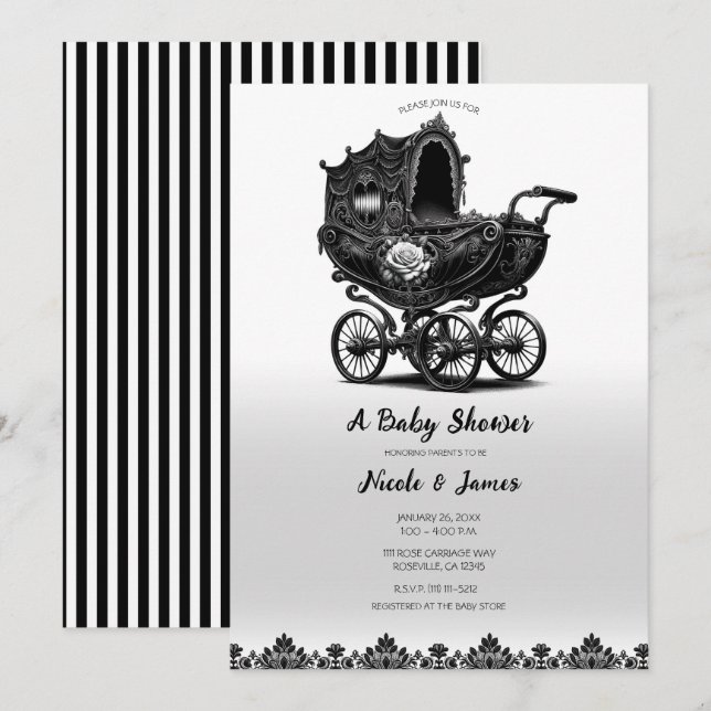 Invitation Poussette gothique vintage noire pour bébé Shower  (Devant / Derrière)