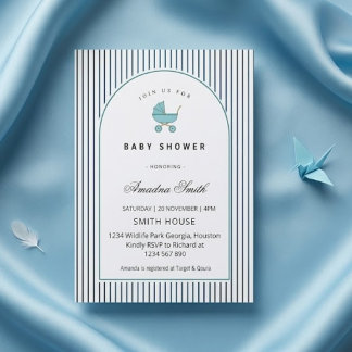 Invitation Poussette rayures bleues moderne et minimaliste po