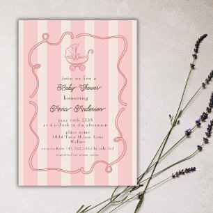 Invitation Poussette rose cadre ondulé rayures Baby Shower fi