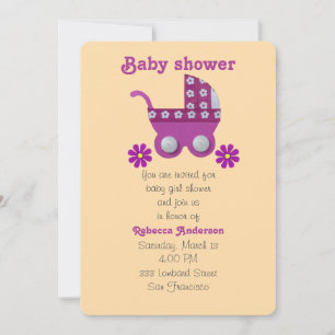 Invitation Poussette rose foncé, fleurs roses bébé douche