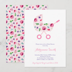 Invitation Poussette Rose Pour Baby shower Floral Fille