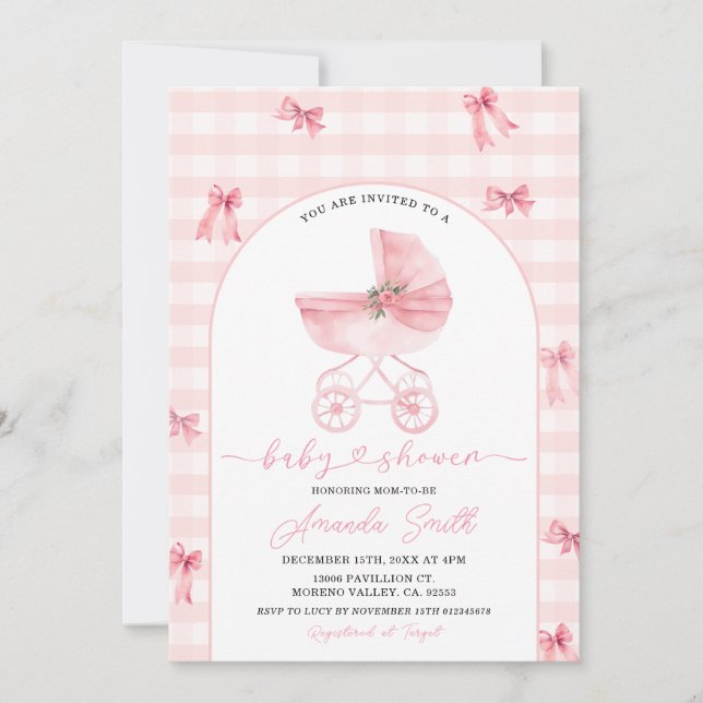 Invitation Poussette rose rousse En vichy Baby shower de fill (Devant)