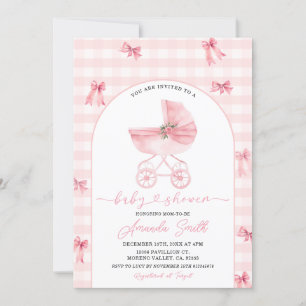 Invitation Poussette rose rousse En vichy Baby shower de fill