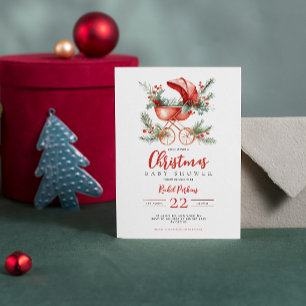 Invitation Poussette rouge aquarelle Baby Shower de Noël