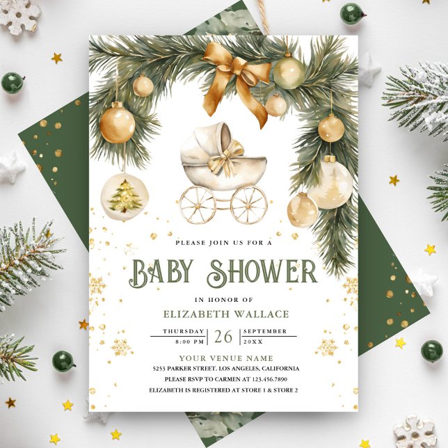 Invitation Poussette Rustique Boho Baby shower de Noël d'hive (Créateur téléchargé)