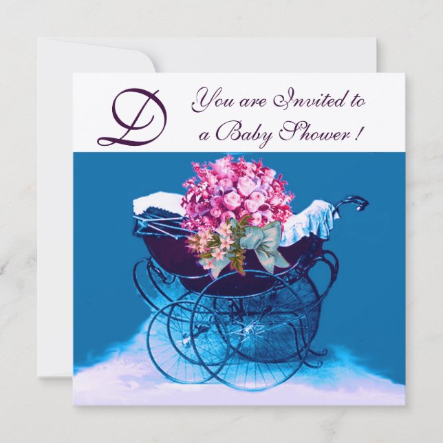 Invitation Poussette vintage avec fleurs baptême bébé monogra (Devant)