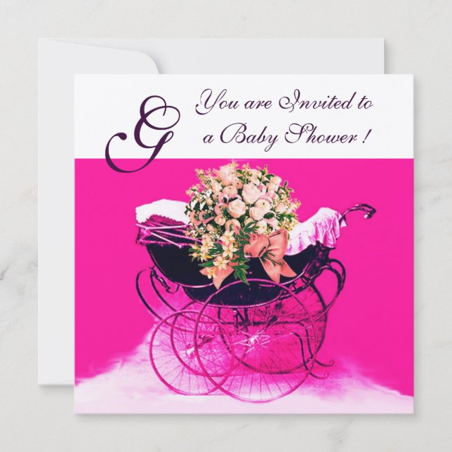 Invitation Poussette vintage avec fleurs baptême bébé monogra (Devant)