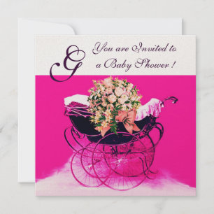 Invitation Poussette vintage avec fleurs baptême bébé monogra