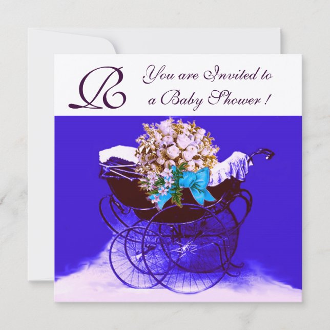 Invitation Poussette vintage avec fleurs baptême bébé monogra (Devant)