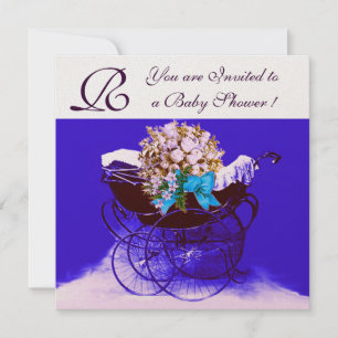 Invitation Poussette vintage avec fleurs baptême bébé monogra