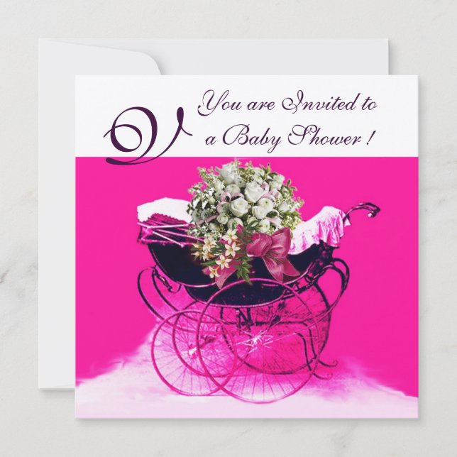 Invitation Poussette vintage avec fleurs baptême bébé monogra (Devant)