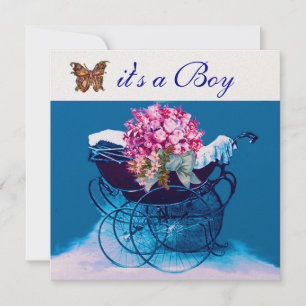 Invitation Poussette vintage avec fleurs, papillons Baby Show