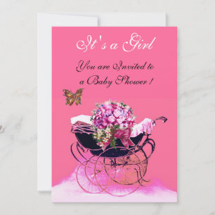Invitation Poussette vintage avec fleurs, papillons Baby Show