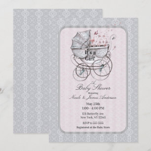 Invitation Poussette Vintage Blanc Dentelle Rose Cadeau de Na