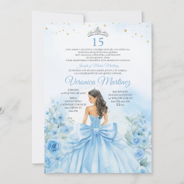 Invitation Poussière Bleue Espagnole Princesse Florale Douce  (Devant)
