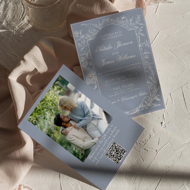 Invitation Poussière Bleue Fleurie Élégante Code QR Photo Mar (Créateur téléchargé)
