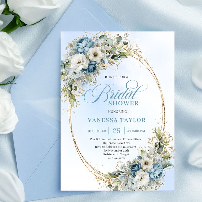 Invitation Poussière bleue intemporelle, verdure dorée pour u (Timeless Dusty Blue Greenery Gold Bridal Shower Invitation)