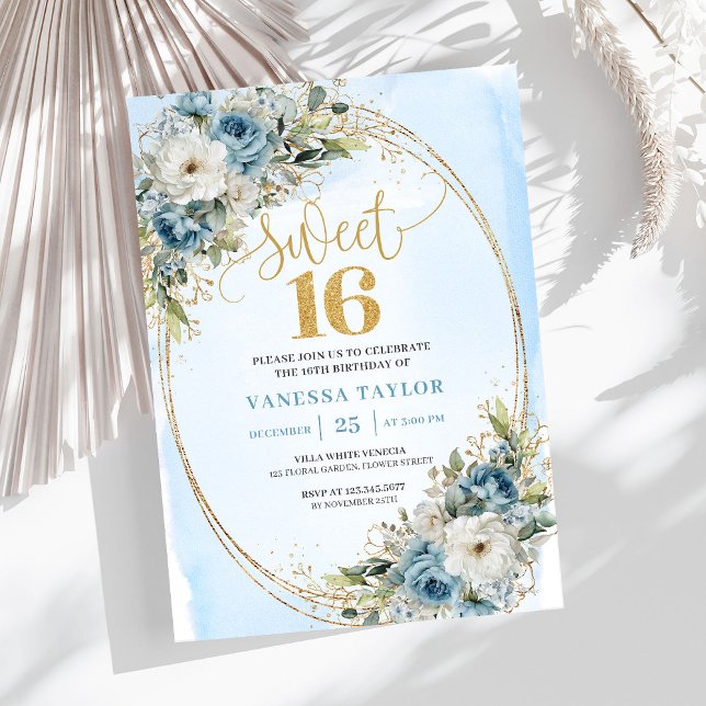 Invitation Poussière bleue radiante Fleurs Douce Fête d'anniv (Radiant Dusty Blue Floral Sweet Sixteen Birthday Invitation

)