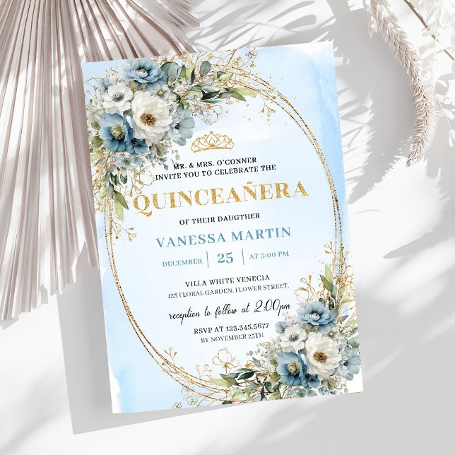 Invitation Poussière bleue scintillante Or Vert 15e Anniversa (Sparkling Dusty Blue Gold Greenery 15th Birthday Invite

)