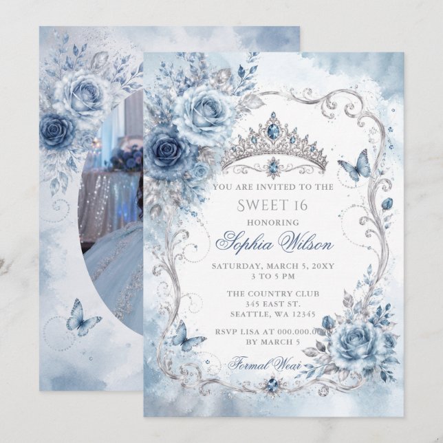 Invitation Poussière d'argent Bleu Floral Papillon Douce Phot (Devant / Derrière)