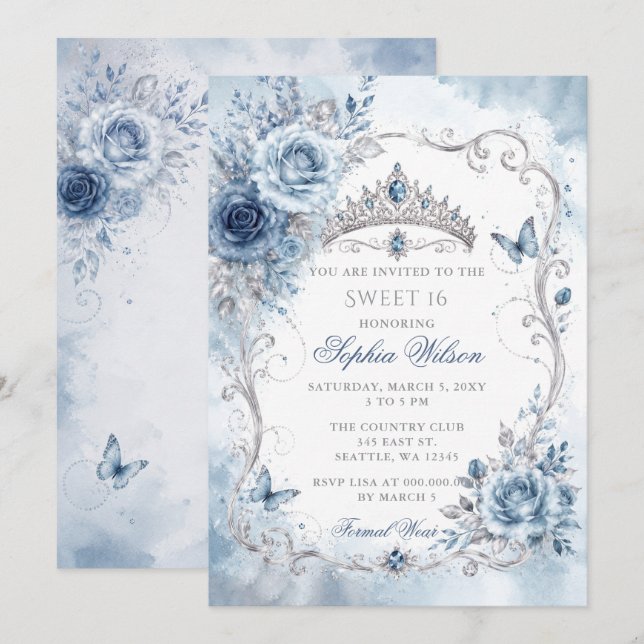 Invitation Poussière d'argent Bleu Floral Papillon Sweet 16  (Devant / Derrière)