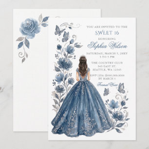 Invitation Poussière d'argent Fleur Bleue Princesse Douce 16