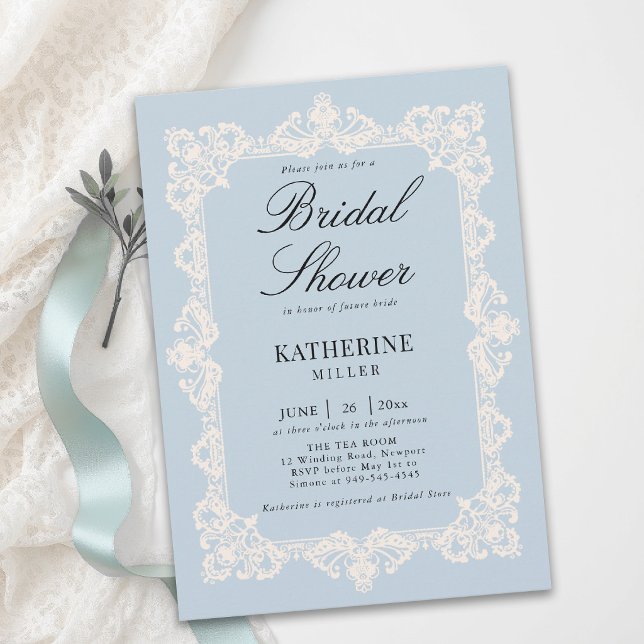 Invitation Poussière de dentelle bleu crème Moderne Classique (lace bridal shower theme modern classic invitation something blue elegant brunch tea template)