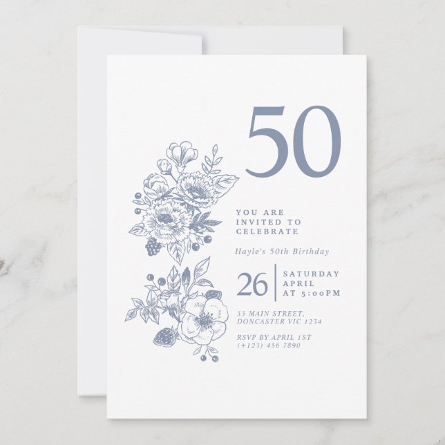 Invitation Poussière de Fleur Sauvage Botanique Bleu Pâle 50e (Devant)