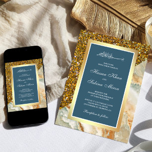 Invitation Poussière de marbre pailletée or bleu poussiéreux 