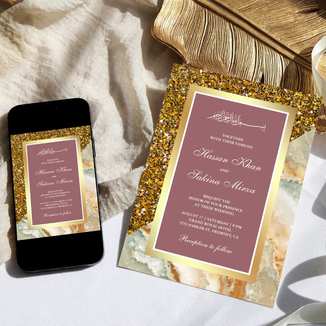 Invitation Poussière de marbre rose poussiéreuse dorée Mariag (Créateur téléchargé)