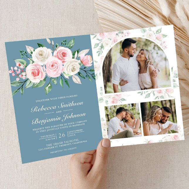 Invitation Poussière de mariage à code QR bleu floral rose ro (Créateur téléchargé)