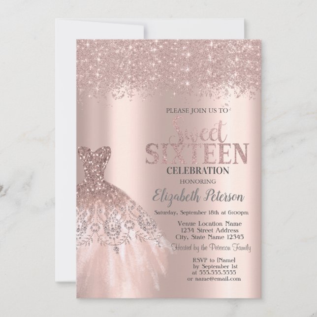 Invitation Poussière de paillettes Cool, robe Rose Gold Sweet (Devant)