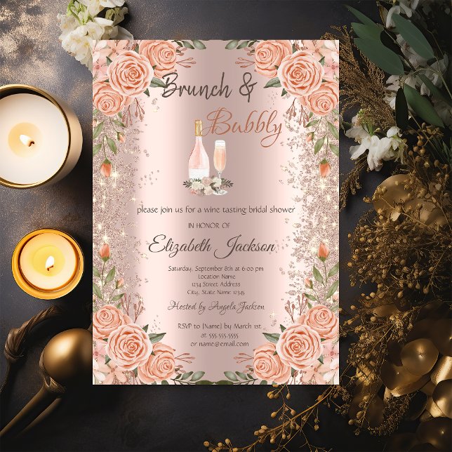 Invitation Poussière de paillettes Rose Gold Brunch Roses Ent (Créateur téléchargé)
