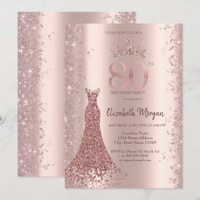 Invitation Poussière de Paillettes Rose Gold Robe Diamant 80è (Devant / Derrière)